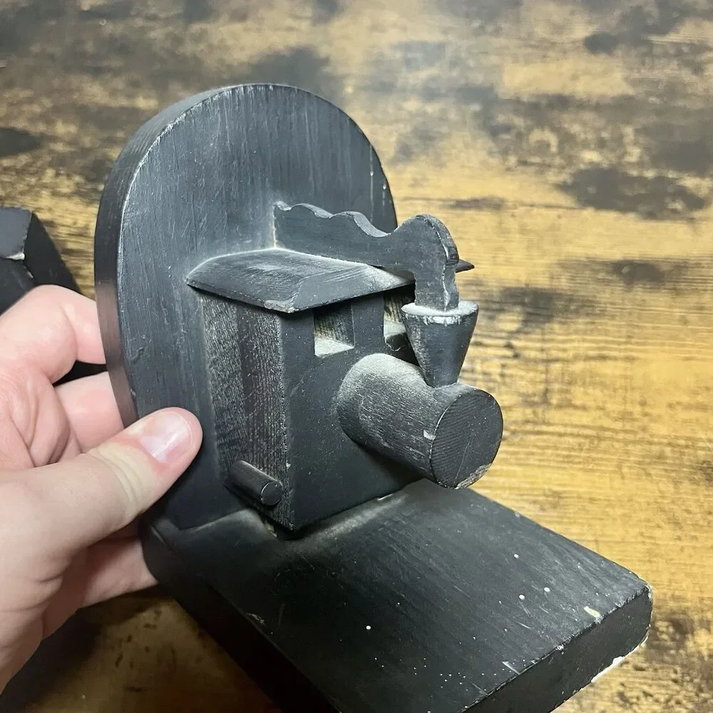 Vintage Black Wooden Train Bookends Set Locomotive Caboose Handcrafted